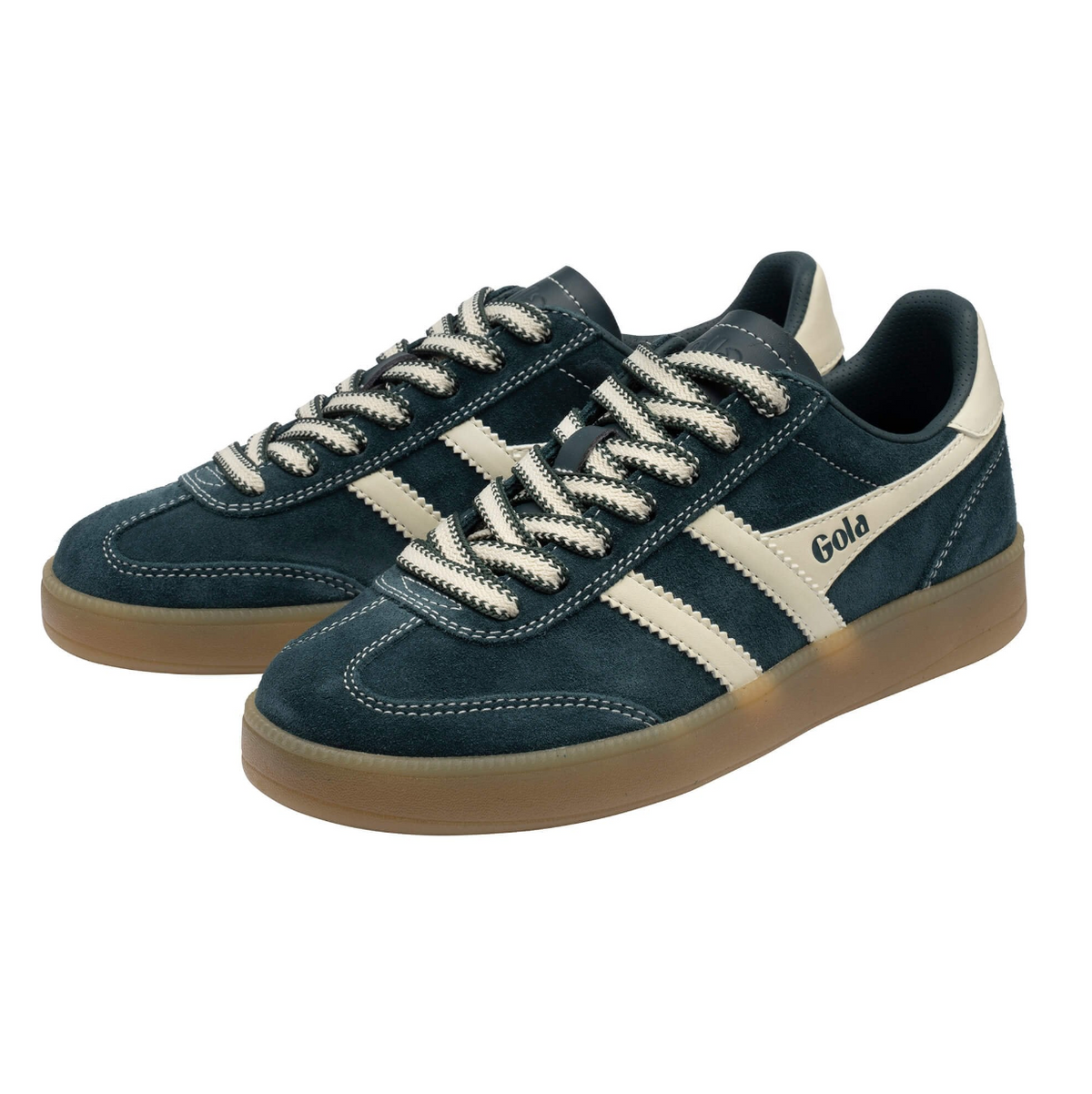 Gola teal blue suede sneakers with cream-colored side stripes, cream laces, and gum soles. The brand name 'Gola' is printed on the side of the shoe. Available at The Shoe Gallery