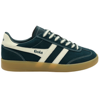 Gola teal blue suede trainer with cream-colored side stripe, cream lace, and gum sole. The brand name 'Gola' is printed on the side of the shoe. Available at The Shoe Gallery