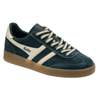 Gola teal blue suede trainer with cream-colored side stripe, cream lace, and gum sole. The brand name 'Gola' is printed on the side of the shoe. Available at The Shoe Gallery
