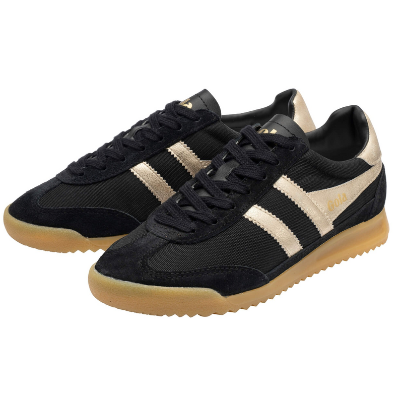 A pair of black Gola suede and canvas sneakers with gold side stripes, black laces, and gum soles available at The SHOE GALLERY