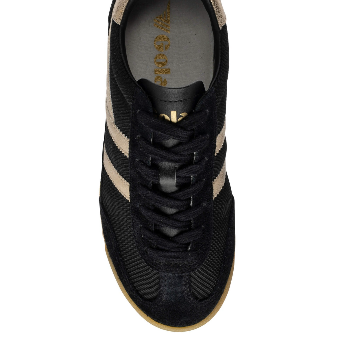A top-down view of a black Gola suede and mesh sneaker with gold side stripes, black laces, and a gum sole, available at Te SHOE GALLERY