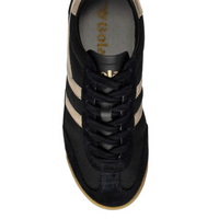 A top-down view of a black Gola suede and mesh sneaker with gold side stripes, black laces, and a gum sole, available at Te SHOE GALLERY