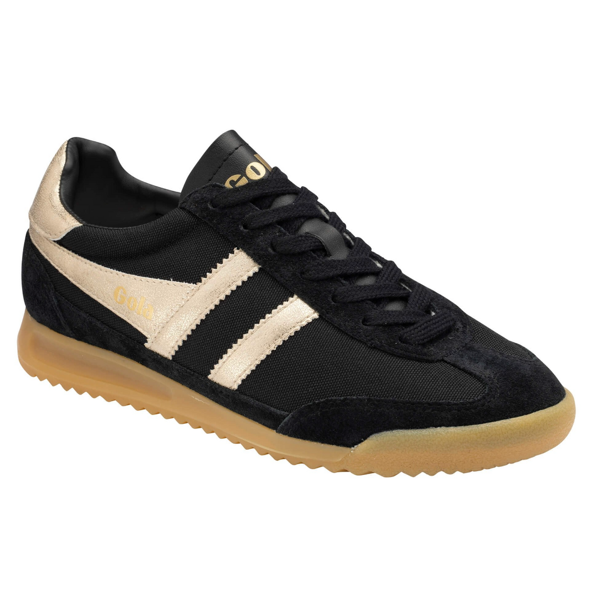 A black low-top Gola sneaker with gold leather side stripes, a black mesh upper, black laces, and a gum rubber sole, available at The SHOE GALLERY
