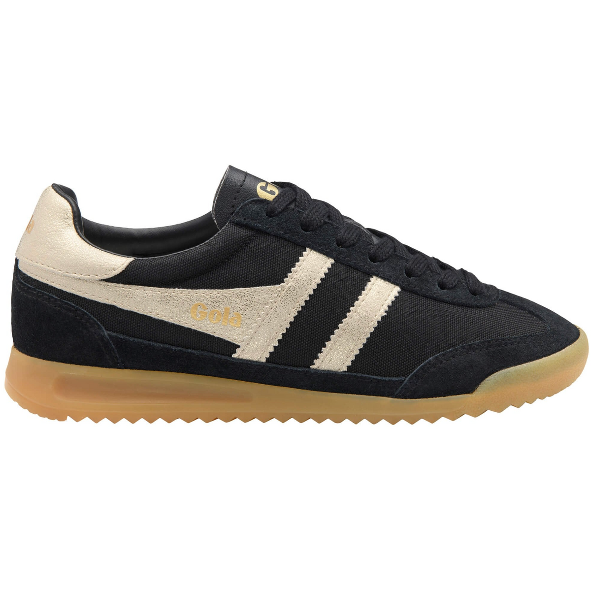 A black low-top Gola sneaker with gold leather side stripes, a black mesh upper, black laces, and a gum rubber sole, available at The SHOE GALLERY