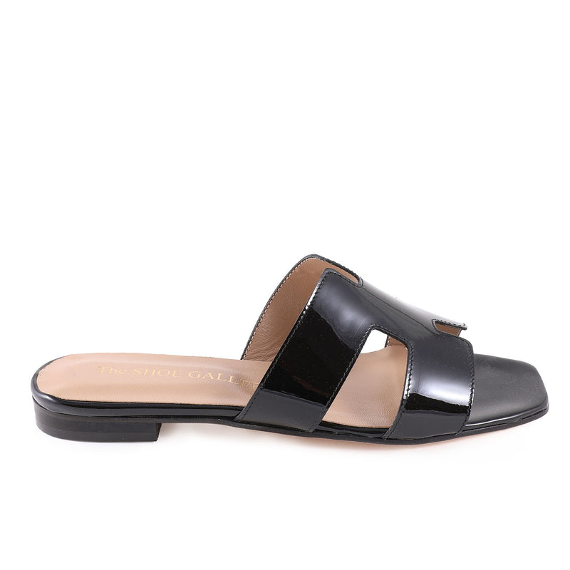 Hally Black Leather Flat Sandal