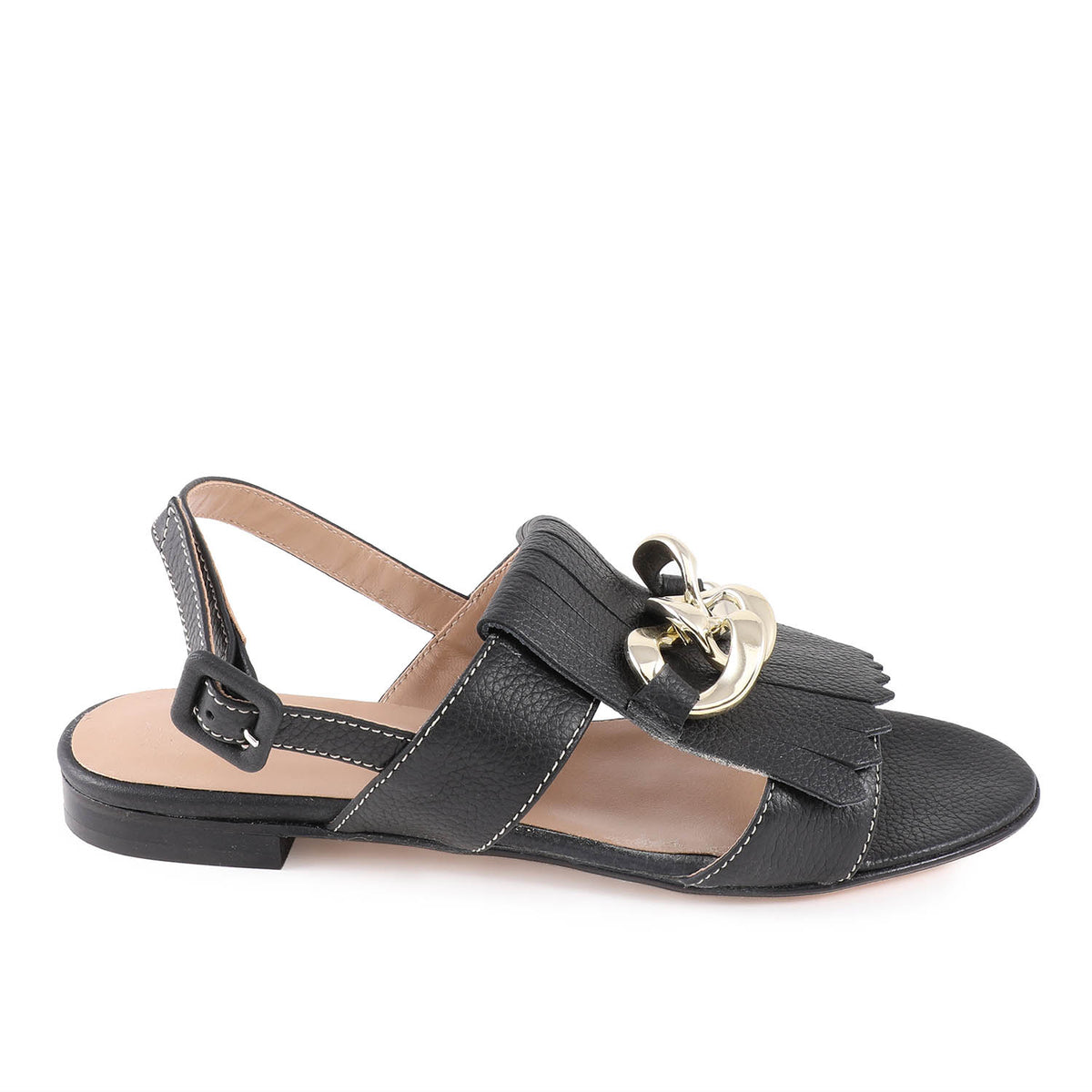 Hela Black Leather Flat Sandal