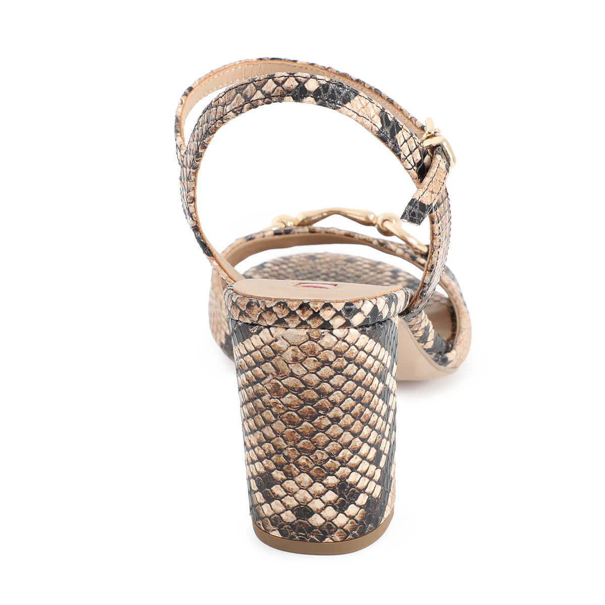 Pair of Hogl high-heeled sandals with snake print and gold accents on a white background