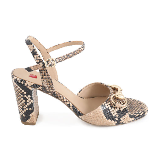 Pair of Hogl high-heeled sandals with snake print and gold accents on a white background