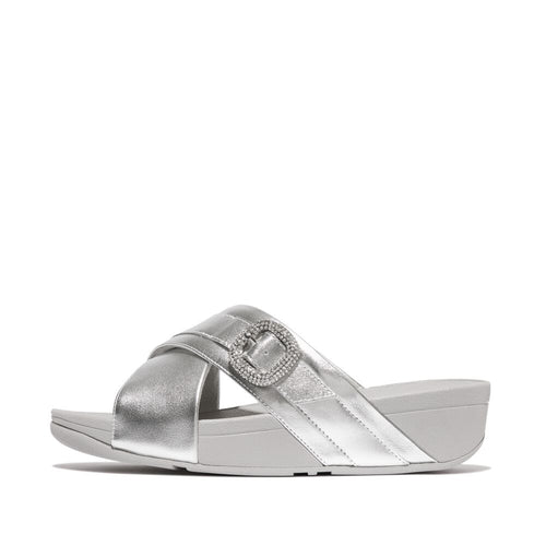 Lulu Crystal Buckle Metallic Leather Cross Sandals Silver