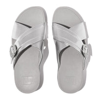 Lulu Crystal Buckle Metallic Leather Cross Sandals Silver