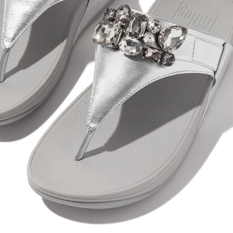 Lulu Jewel Deluxe Metallic Leather Toe Thong Sandals Silver