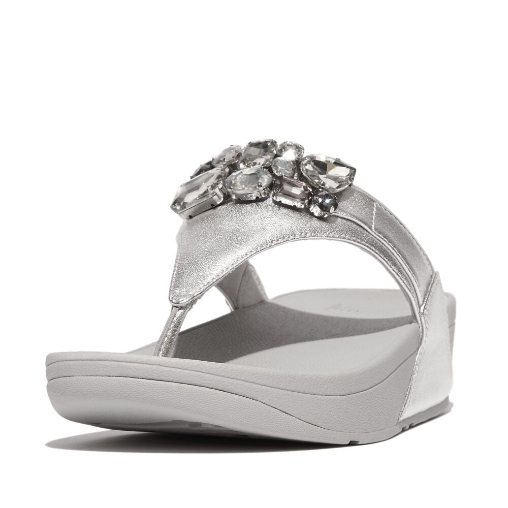 Lulu Jewel Deluxe Metallic Leather Toe Thong Sandals Silver