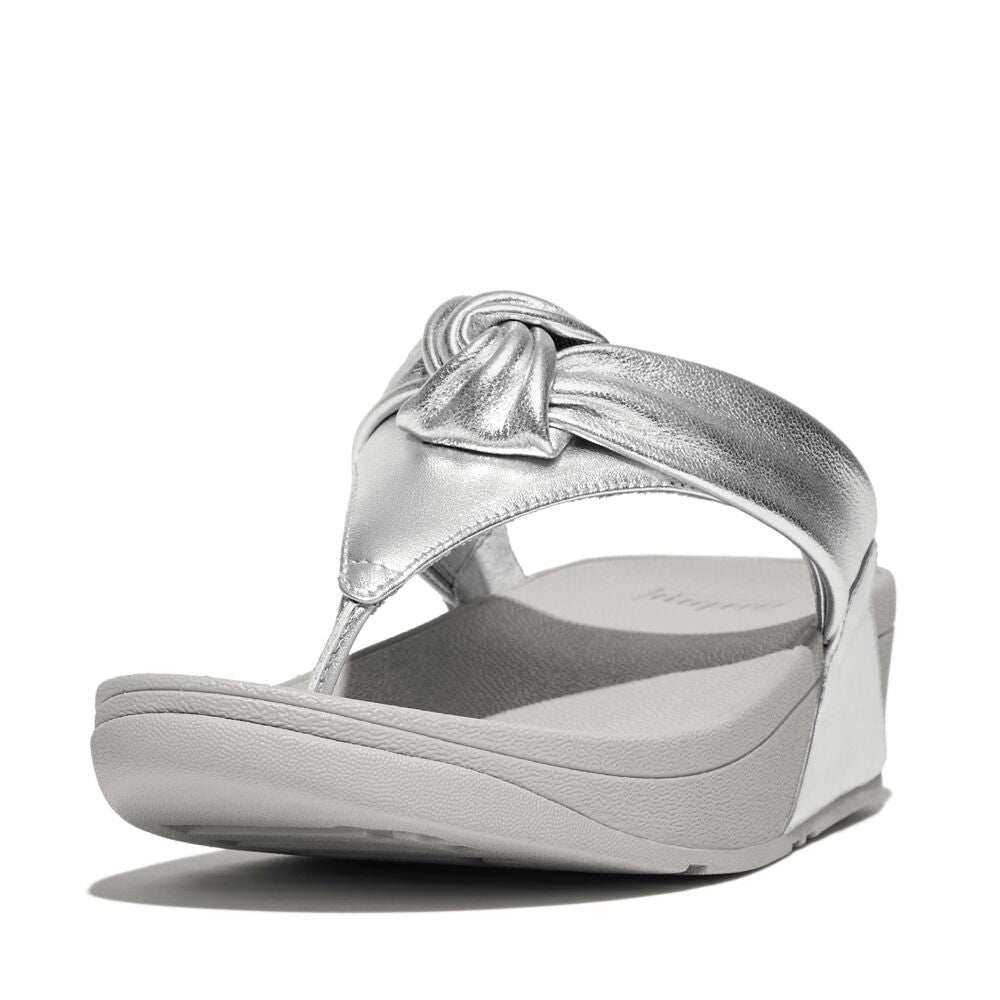 Lulu Padded Knot Metallic Leather Toe Post Sandals Silver