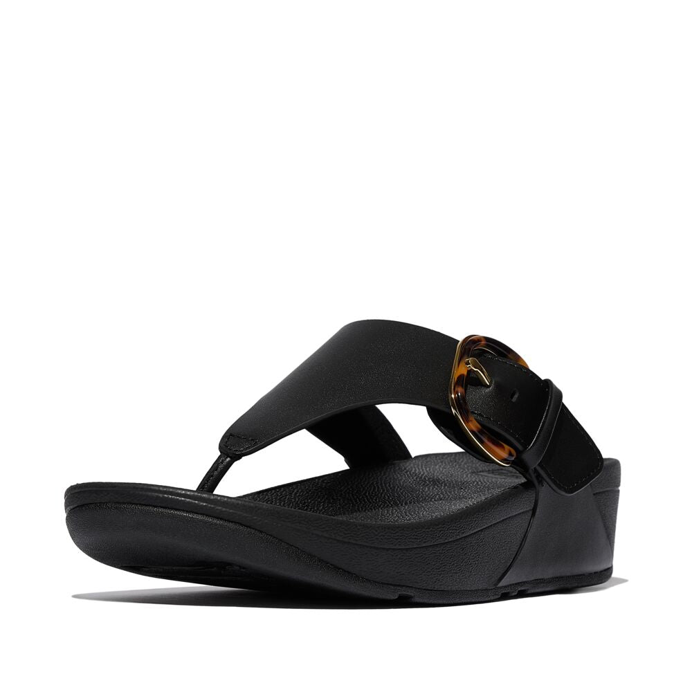 Lulu Resin Buckle Leather toe-post Sandals All Black