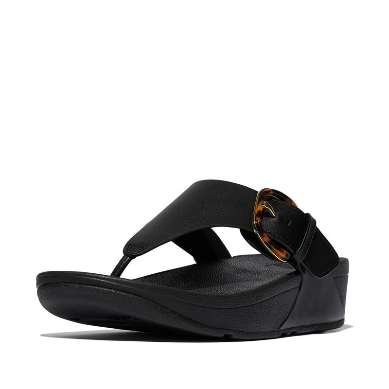 Lulu Resin Buckle Leather toe-post Sandals All Black