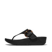 Lulu Resin Buckle Leather toe-post Sandals All Black