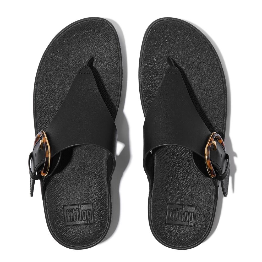 Lulu Resin Buckle Leather toe-post Sandals All Black