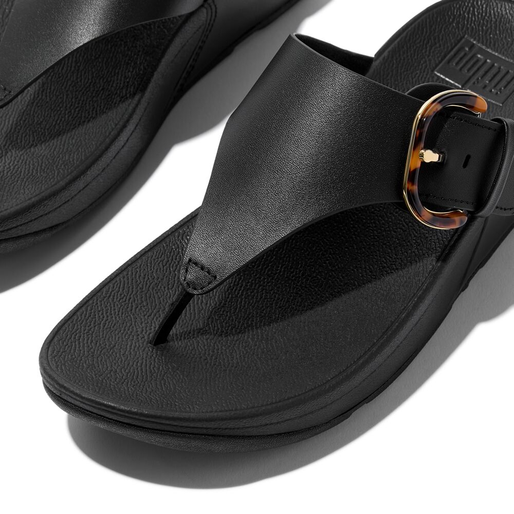 Lulu Resin Buckle Leather toe-post Sandals All Black