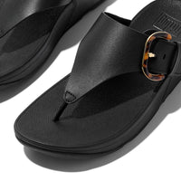 Lulu Resin Buckle Leather toe-post Sandals All Black
