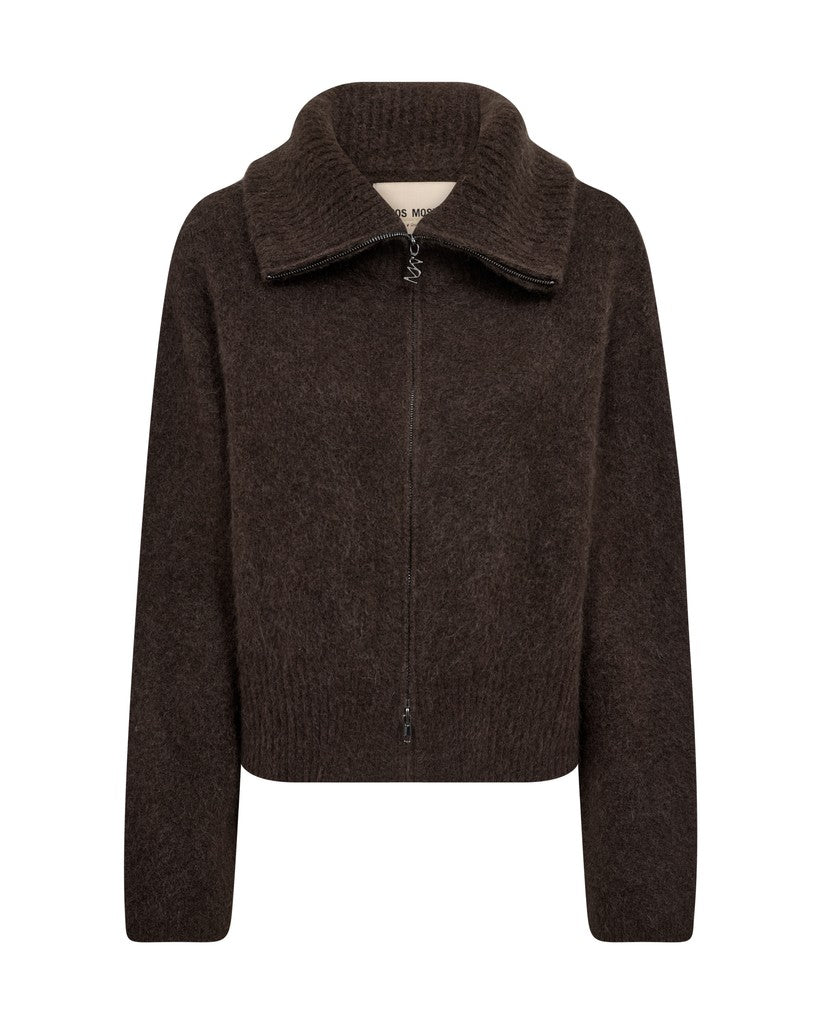 A dark brown mohair mx knit zip-up jacket with a wide ribbed collar by Danish label Mos Mosh