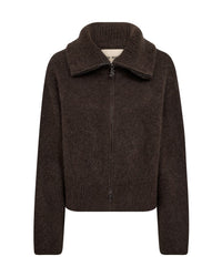 A dark brown mohair mx knit zip-up jacket with a wide ribbed collar by Danish label Mos Mosh