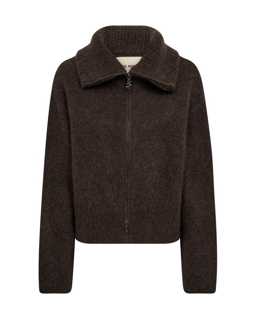 A dark brown mohair mx knit zip-up jacket with a wide ribbed collar by Danish label Mos Mosh