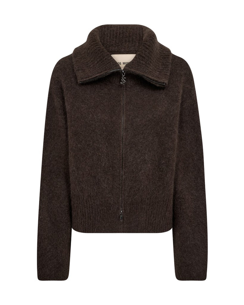 A dark brown mohair mx knit zip-up jacket with a wide ribbed collar by Danish label Mos Mosh