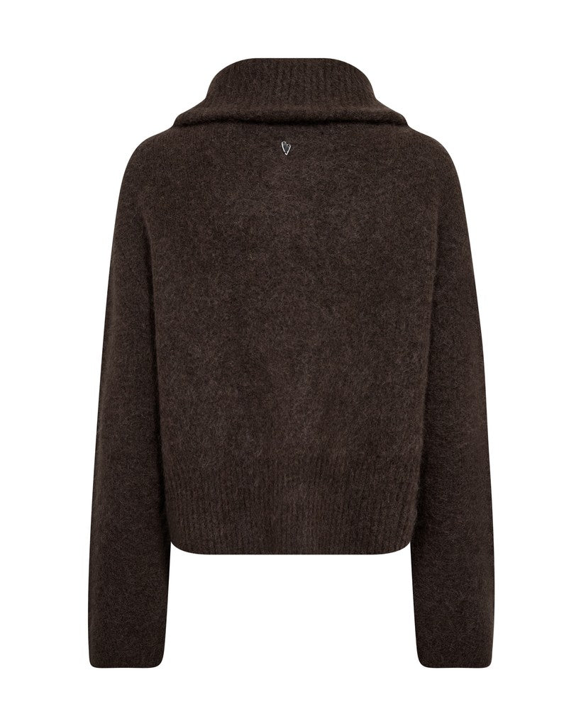 A dark brown mohair mx knit zip-up jacket with a wide ribbed collar by Danish label Mos Mosh - back view