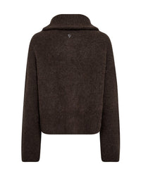 A dark brown mohair mx knit zip-up jacket with a wide ribbed collar by Danish label Mos Mosh - back view