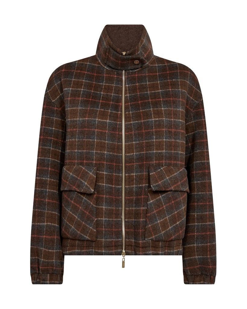 Mos Mosh brown plaid zip-up jacket with a high stand-up collar, two front flap pockets, and elastic cuffs, shown on a plain white background.