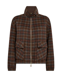 Mos Mosh brown plaid zip-up jacket with a high stand-up collar, two front flap pockets, and elastic cuffs, shown on a plain white background.