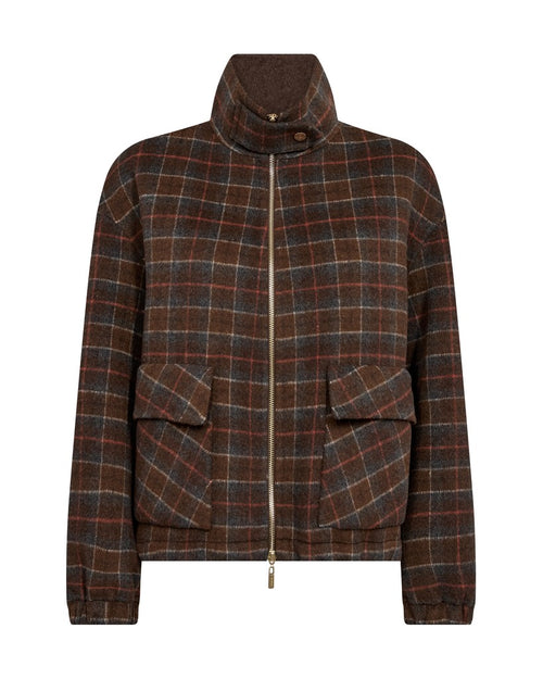 Mos Mosh brown plaid zip-up jacket with a high stand-up collar, two front flap pockets, and elastic cuffs, shown on a plain white background.