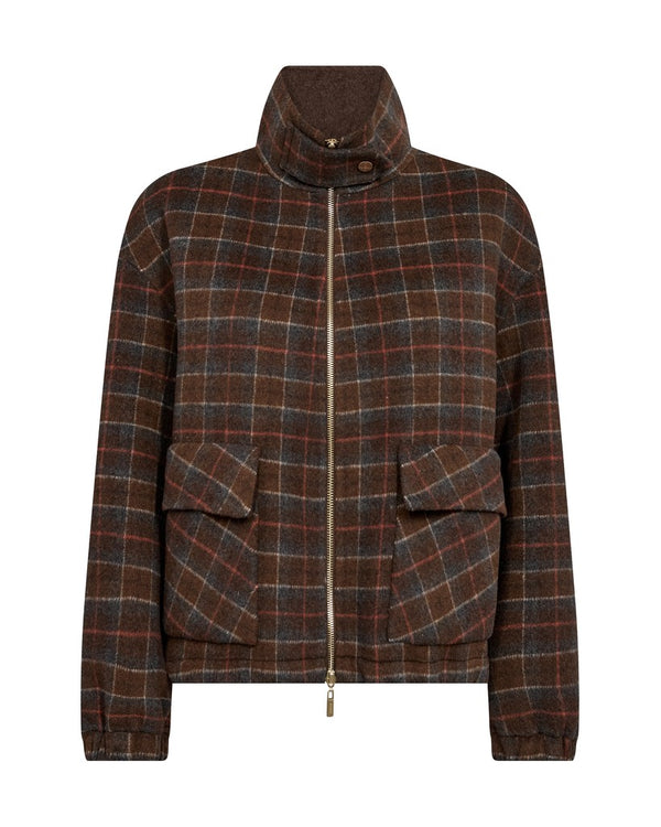 Mos Mosh brown plaid zip-up jacket with a high stand-up collar, two front flap pockets, and elastic cuffs, shown on a plain white background.
