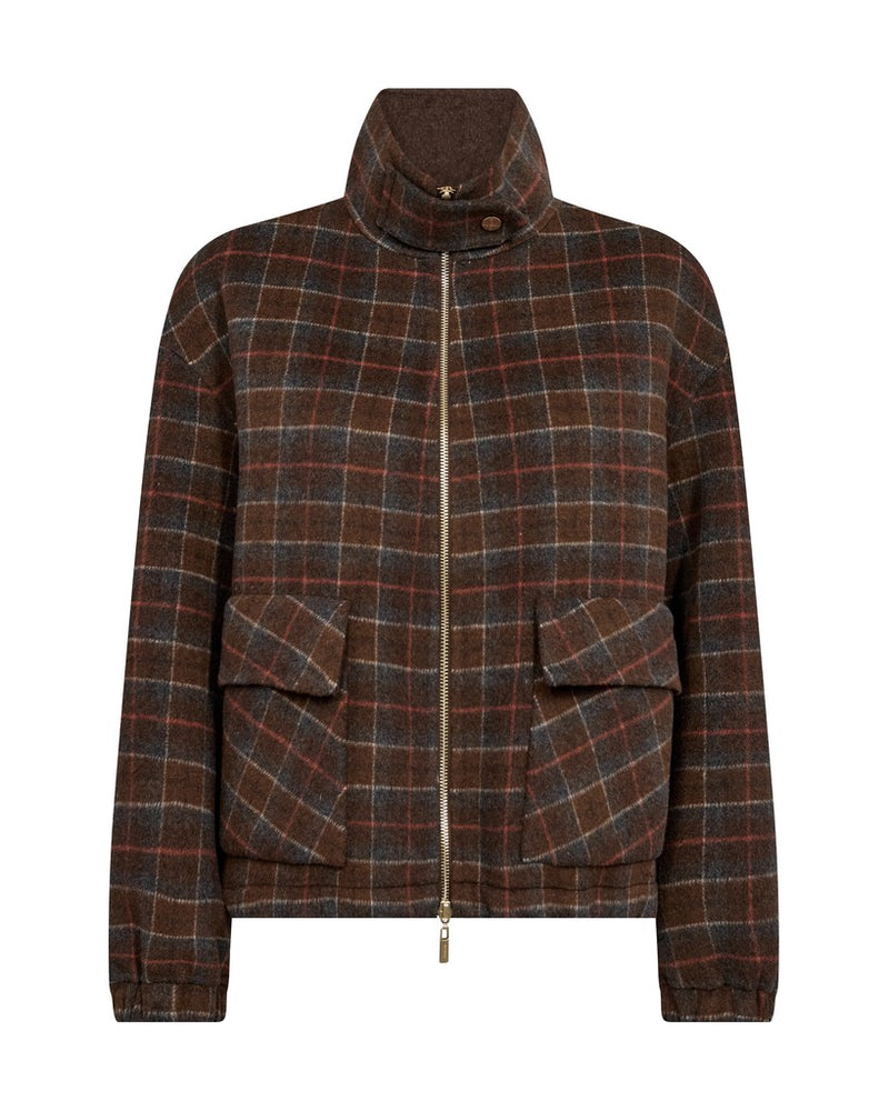 Mos Mosh brown plaid zip-up jacket with a high stand-up collar, two front flap pockets, and elastic cuffs, shown on a plain white background.