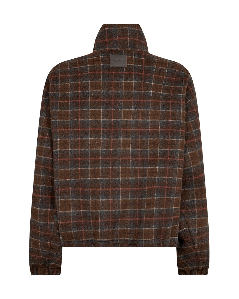 Mos Mosh long-sleeve plaid jacket with a high stand-up collar, shown from the back. The fabric features a brown, orange, and grey plaid pattern with thin white accent lines, set against a plain white background.