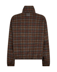 Mos Mosh long-sleeve plaid jacket with a high stand-up collar, shown from the back. The fabric features a brown, orange, and grey plaid pattern with thin white accent lines, set against a plain white background.