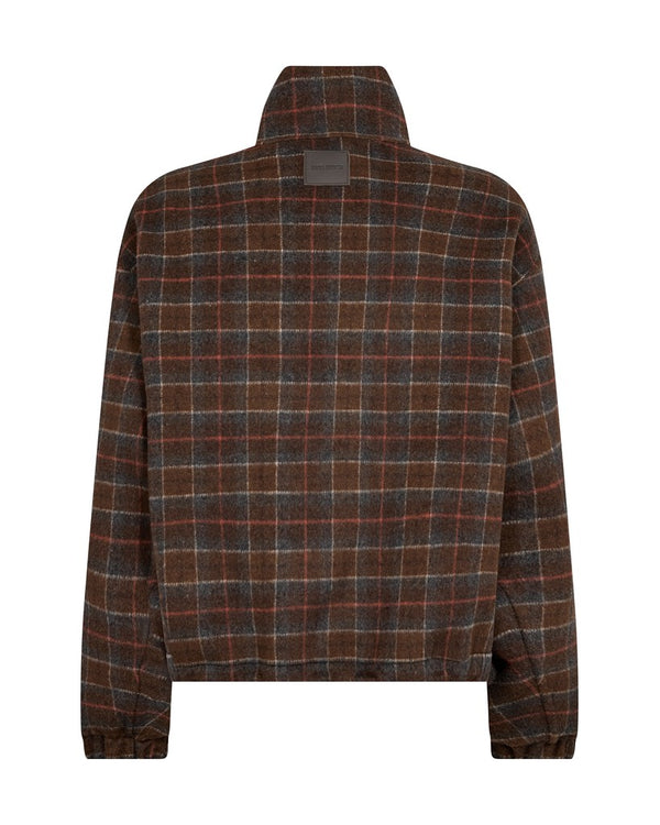Mos Mosh long-sleeve plaid jacket with a high stand-up collar, shown from the back. The fabric features a brown, orange, and grey plaid pattern with thin white accent lines, set against a plain white background.