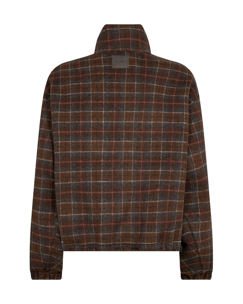 Mos Mosh long-sleeve plaid jacket with a high stand-up collar, shown from the back. The fabric features a brown, orange, and grey plaid pattern with thin white accent lines, set against a plain white background.