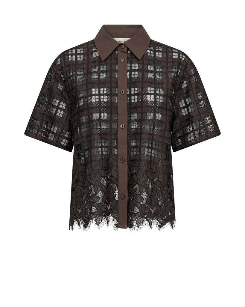 Mos Mosh short-sleeve button-up shirt in dark brown and black plaid lace, featuring a solid brown collar and button placket, set against a plain white background.