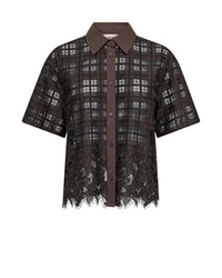 Mos Mosh short-sleeve button-up shirt in dark brown and black plaid lace, featuring a solid brown collar and button placket, set against a plain white background.