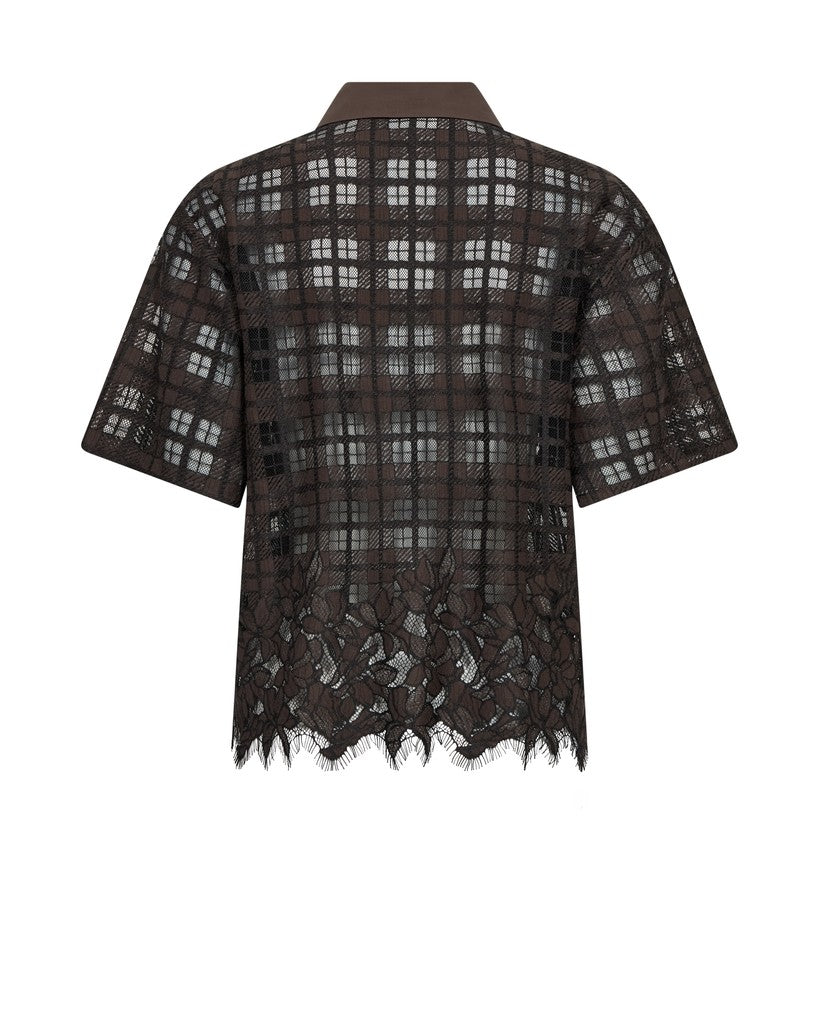 Mos Mosh short-sleeve button-up shirt in dark brown and black plaid lace, featuring a solid brown collar and button placket, set against a plain white background.