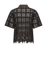 Mos Mosh short-sleeve button-up shirt in dark brown and black plaid lace, featuring a solid brown collar and button placket, set against a plain white background.