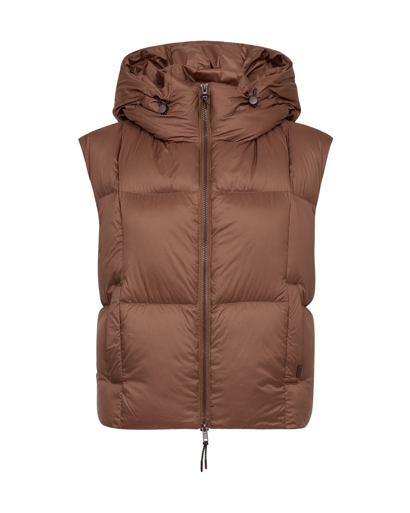 A brown Mos Mosh hooded puffer vest with horizontal quilting and a front zipper, shown against a plain white background.