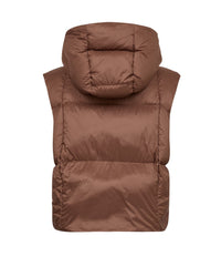 A brown  Mos Mosh puffer vest with a hood, shown from the back against a plain white background.