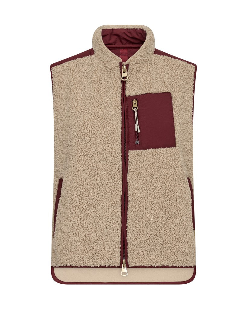 Mos Mosh sleeveless teddy vest in beige with contrasting burgundy panels on the chest pocket, zipper trim, and inner lining