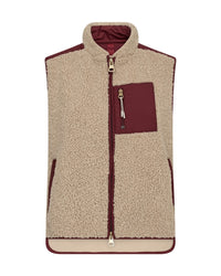 Mos Mosh sleeveless teddy vest in beige with contrasting burgundy panels on the chest pocket, zipper trim, and inner lining
