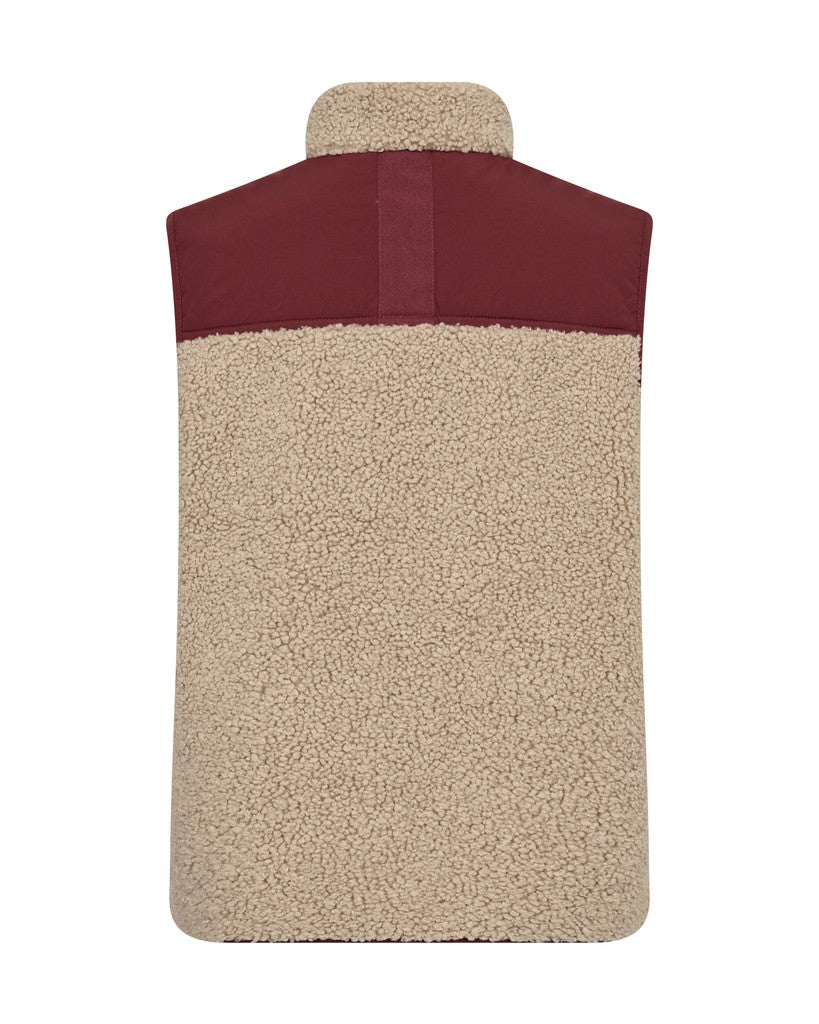 Mos Mosh sleeveless teddy vest in beige with contrasting burgundy panels on the chest pocket, zipper trim, and inner lining - back view