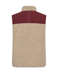 Mos Mosh sleeveless teddy vest in beige with contrasting burgundy panels on the chest pocket, zipper trim, and inner lining - back view
