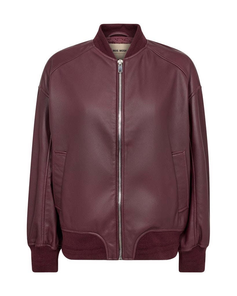 A dark burgundy leather jacket shown from the back, featuring a ribbed collar,   and ribbed cuffs and hem, set against a plain white backgroud