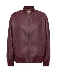 A dark burgundy leather jacket shown from the back, featuring a ribbed collar,   and ribbed cuffs and hem, set against a plain white backgroud